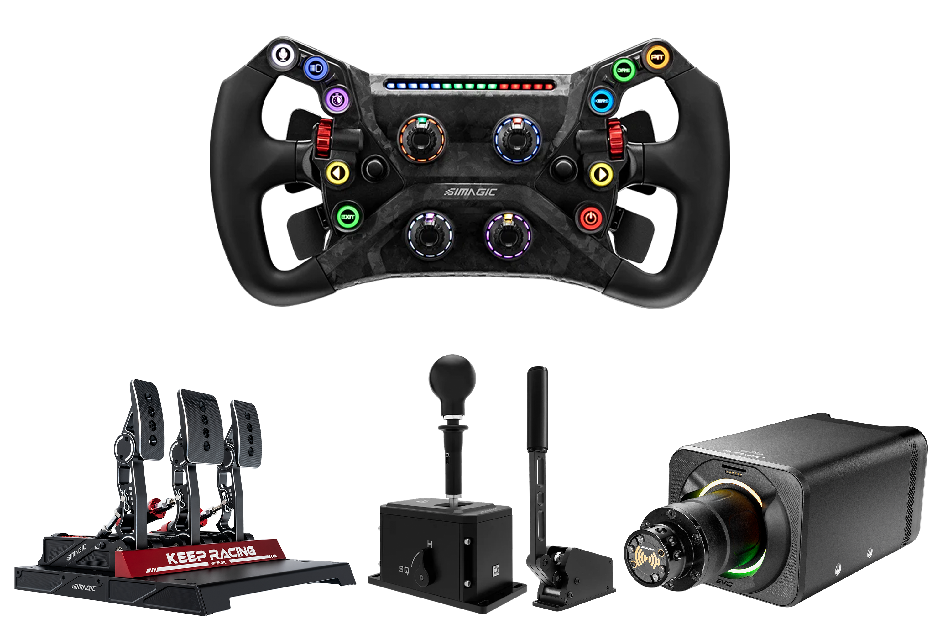 Simagic Alpha EVO Pro 18Nm Wheel Base, GT NEO Steering Wheel, 3 Pedal Set, Dual-Mode Shifter & Handbrake